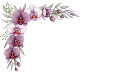 Luxury watercolor corner frame with orchids and delicate foliage in a sophisticated mauve scheme isolated on white background