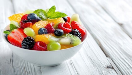 Fresh fruit salad in bowl on white wooden table