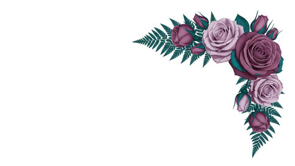Minimal botanical corner element with roses and fern in deep teal and mauve isolated on white background