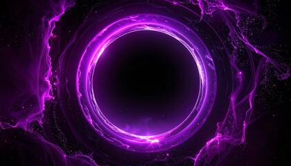 A purple neon ring surrounded by lightning in a dark environment viewed from the front