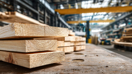 Stacked wooden planks arranged on a workbench in a spacious woodworking factory with heavy machinery in the background and natural light flooding the area