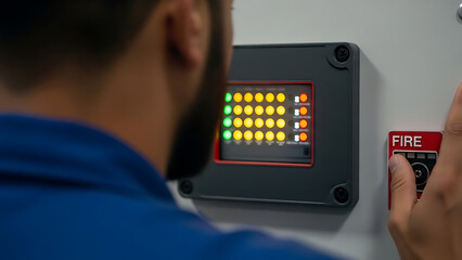Technician pressing red fire alarm button on emergency control panel system safety