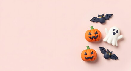 ハロウィンのかぼちゃとお化けとコウモリのかわいいクレイアートフレーム背景