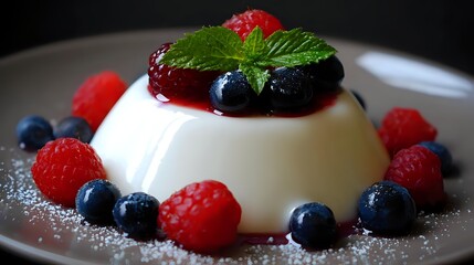 Creamy white panna cotta dessert topped with fresh berries and mint garnish on elegant plate, perfect for restaurant menus and culinary presentations.