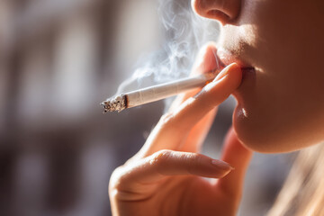 Woman with delicate fingers holding a lit cigarette near her lips with gentle smoke rising in soft natural light and a blurred neutral background