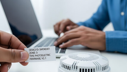 Technician working on smoke detector system with laptop and device ID label