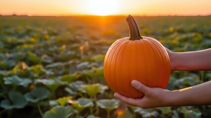 Hands holding fresh orange pumpkin in autumn field at golden sunset. Harvest season concept for fall decorations and seasonal celebrations.