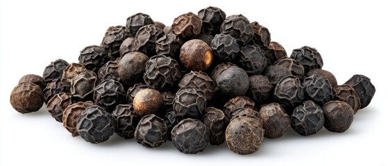 Obraz premium A close-up pile of dark, textured whole peppercorns against a clean white background