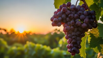 Purple grapes hanging on vine at sunset in vineyard with golden light rays and green leaves for wine industry harvest season agriculture concept.