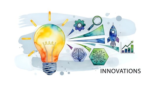Creative lightbulb with innovation icons including rocket, gears, charts and hexagonal patterns on watercolor background for business presentations.