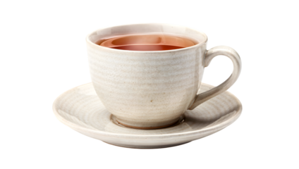 A single closeup of a hot ceramic tea cup with a saucer isolated on white for a morning breakfast beverage