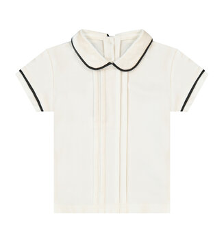 White shortsleeved shirt with black trim and peter pan collar isolated on transparent background