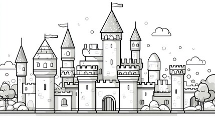 Fototapeta premium Ornate, detailed line drawing of a fairytale castle with many towers and flags
