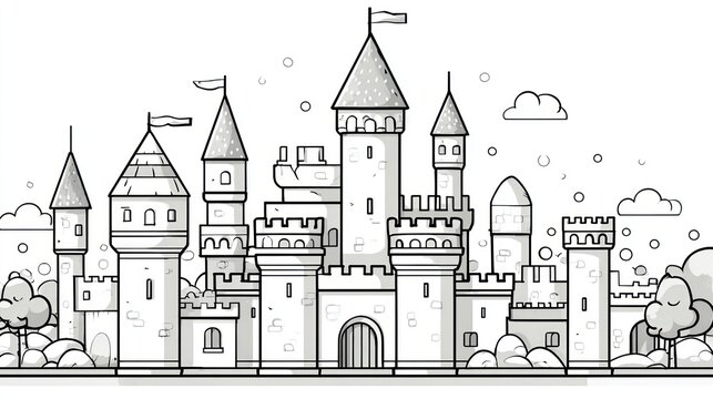Ornate, detailed line drawing of a fairytale castle with many towers and flags