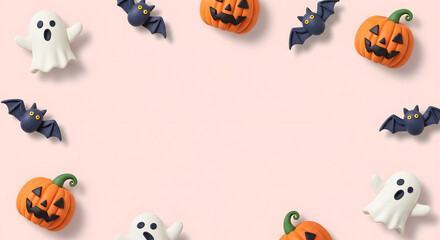 ハロウィンのかぼちゃとお化けとコウモリのかわいいクレイアートフレーム背景