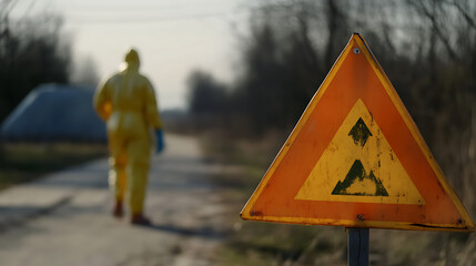 Caution Ahead: Person in protective suit walking on a rural path. The triangular warning sign alerts of potential hazards. Environmental concerns and safety measures.