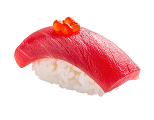Tuna nigiri with roe on black background