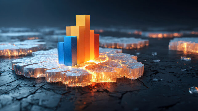 Illuminated 3d bar chart rising from cracked and glowing terrain symbolizing data analytics and growth in a futuristic digital environment at night - Powered by Adobe