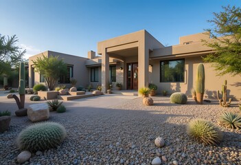 Beautiful modern desert house with a sustainable xeriscape garden design featuring various cacti. arizona front yard. arizona front yard