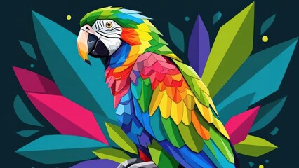 Obraz premium A vibrant parrot with colorful feathers perched on a branch, showcasing its beauty with lush leaves as background. The image has a artistic design and the bird is the focus of the photo