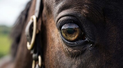 Close-up portrait of a noble horse's intelligent eye reflecting a green landscape