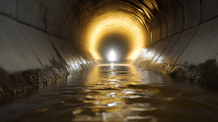A mysterious tunnel with water flowing through it is lit up by a bright light. The walls are damp, and the reflection of the light can be seen in the still water.