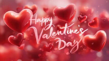 Happy Valentine Day celebration with floating red hearts, creating romantic and festive atmosphere