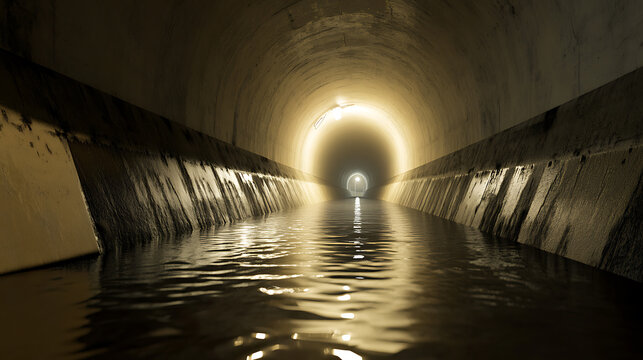 A long water tunnel with light glowing at the end. A smooth water surface reflects the tunnel's contours, creating an ethereal atmosphere. The tunnel's dim corners contrast with the bright end.