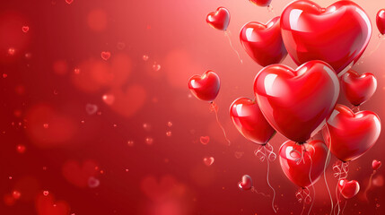 Red heart balloons floating in romantic atmosphere create joyful celebration of love and affection, perfect for special occasions