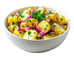 Potato salad with herbs, red onion in a white bowl