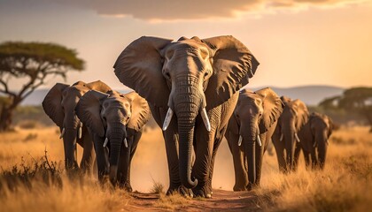 A close-up shot of a group of large African elephants, walking towards the viewer on a dry dirt path, illuminated by warm sunlight