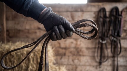 Equestrian jockey's gloved hand tightly holding braided leather reins, ready for the race