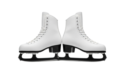 A pair of pristine ice skates, poised and ready for gliding across the frozen surface. The skates are impeccably clean and polished, hinting at the grace and elegance of figure skating.