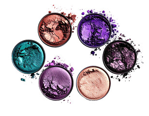 Colorful eyeshadow pots in a circle, scattered pigment