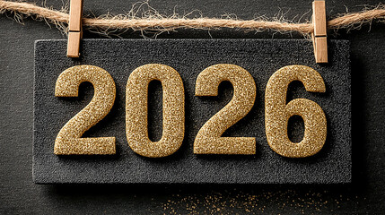 Gold Glitter 2026 Sign Hanging on Rope for New Year Celebration