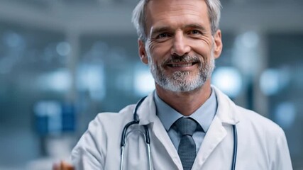 A smiling, grey-haired mature professional in a white lab coat with a stethoscope. His warm, confident expression conveys trust and expertise. The blurred, modern background is ideal for medical, scie