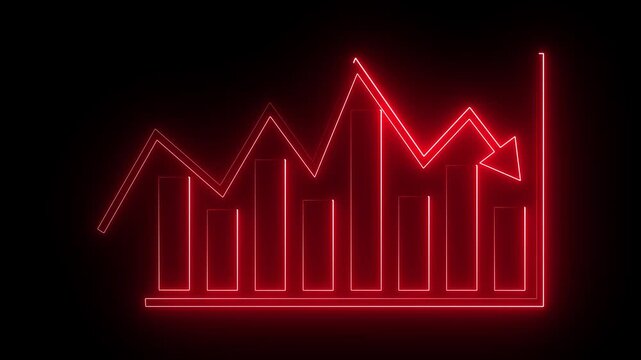 Glowing neon red color business graph icon animation business report presentation growth bar chart line finance stock marketing success profit trend up and down arrow on black background 