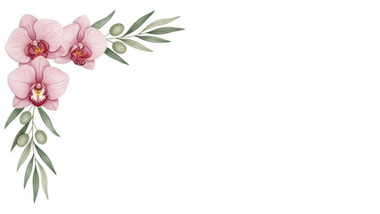 Minimal elegant watercolor corner design with orchids and olive branches in dusty rose isolated on white background