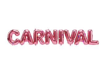 A vibrant pink balloon banner spelling CARNIVAL floats in the air, perfect for a festive occasion. The letters are inflated and eye-catching, signaling a celebration