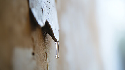 A drip of water clings to peeling wall. The texture of the damaged wall is contrasted by the smooth, clear droplet. A detail of a leak, illustrating a potential problem.