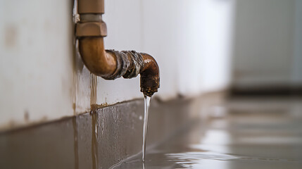 A leaky pipe drips water onto a tiled floor. This highlights the urgent need for plumbing maintenance and the potential damage caused by neglect. Water damage is visible.