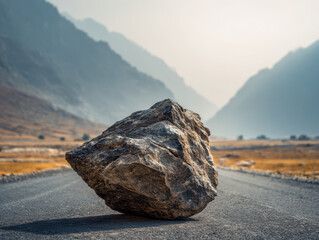 Large rugged boulder blocking a deserted mountain road with misty peaks and natural landscape in the background on a clear day