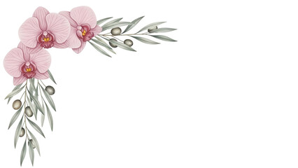 Minimal elegant watercolor corner design with orchids and olive branches in dusty rose isolated on white background