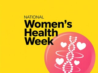 National womens health week awareness campaign logo with dna and heart symbols on yellow background