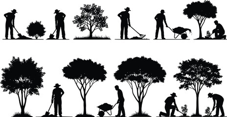 Gardening silhouettes planting trees, farmers working outdoors, landscaping activities, nature care concept, environmental conservation illustration set