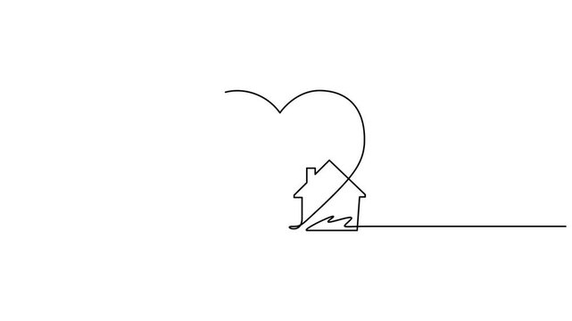 Heart inside house continuous one line drawn animated video. Love home concept. Symbol of love for valentine's day.