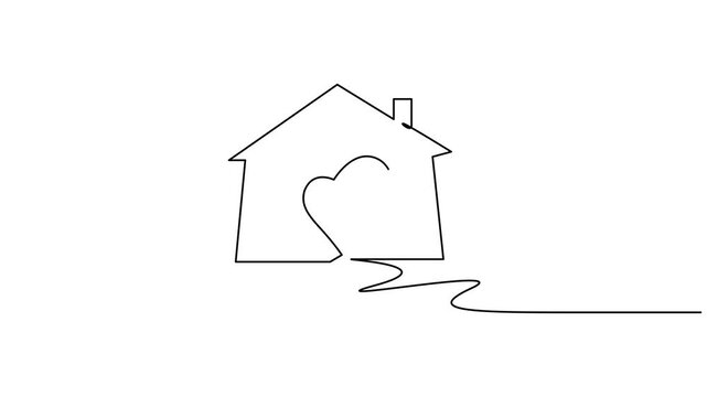 Heart inside house continuous one line drawn animated video. Love home concept. Symbol of love for valentine's day.