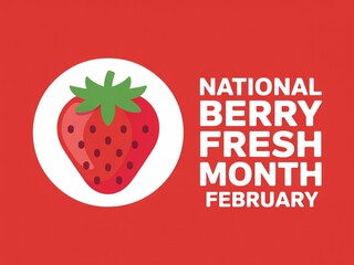 National berry fresh month february logo with a strawberry on red background