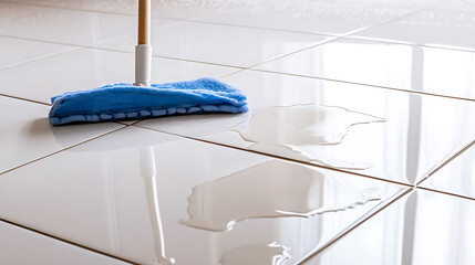 Tiled Floor Cleaning: A blue mop sweeps across white tiles, effectively clearing up a spill, leaving a gleaming, spotless surface behind. Efficient cleaning at its best!