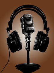 Retro microphone and headphones on a brown background. Vector illustration for your audiobook designs, websites, podcasts, and other music and audio related products.